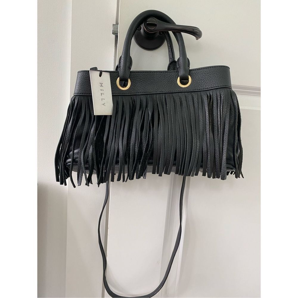 NWT Milly black leather fringe handle bag/crossbody